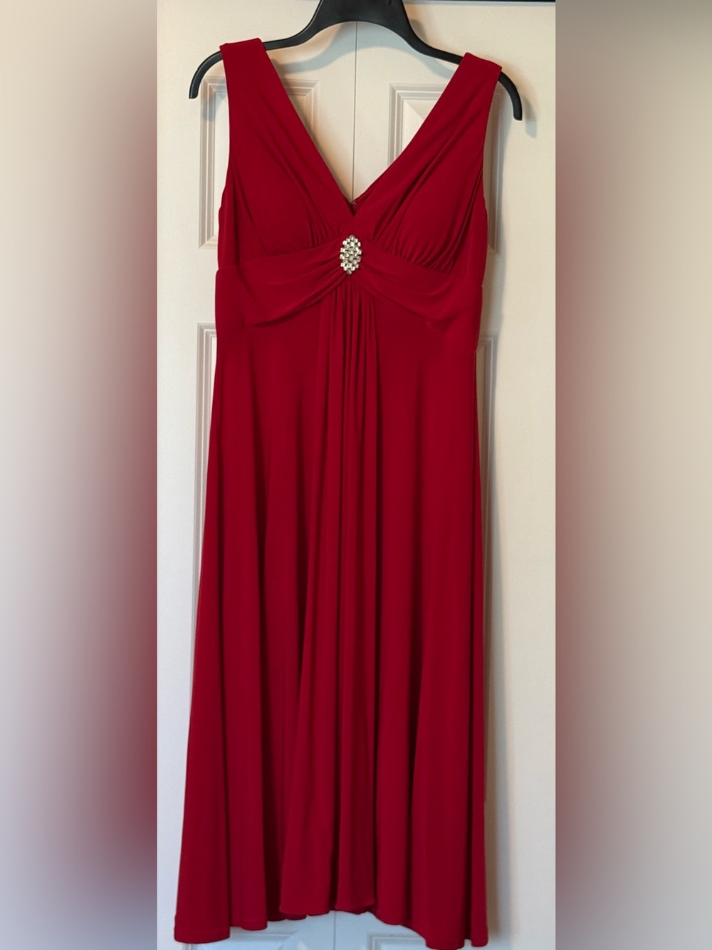 Red V-Neck Evening Dress with Rhinestone Accent